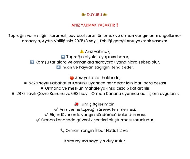 Duyuru Anız Yakmak Yasaktır